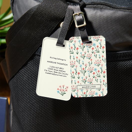 Étiquette À Bagage Cute Simple Botanical Pink Blue Flower Floral