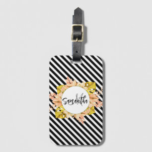 Étiquette À Bagage Cute Stripes et Monogramme Floral