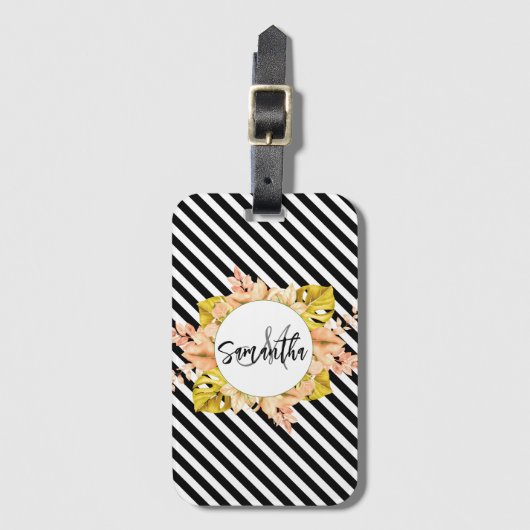 Étiquette À Bagage Cute Stripes et Monogramme Floral (Devant Vertical)