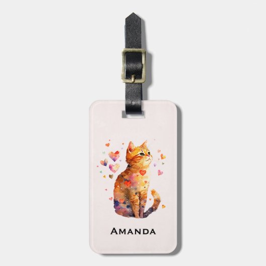 Étiquette À Bagage Cute Tabby Chat avec Coeurs (Devant Vertical)