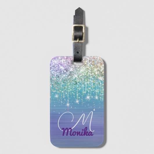 Étiquette À Bagage Cute Unicorn Turquoise parties scintillant violet  (Devant Vertical)