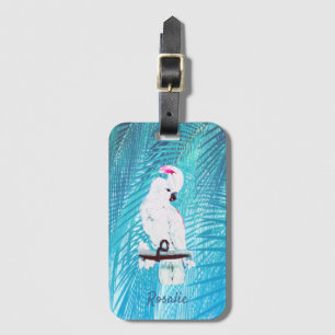 Étiquette À Bagage Cute White Cockatoo Tropical Greenery Palm