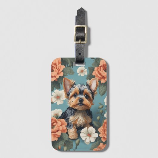 Étiquette À Bagage Cute Yorkshire Terrier Puppy Floral (Devant Vertical)