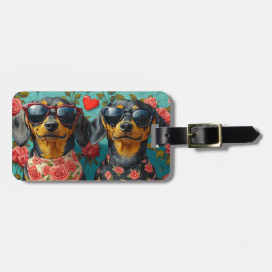 Étiquette À Bagage Dachshund aux roses du cœur pour la Saint-Valentin