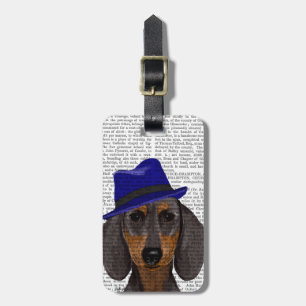 Étiquette À Bagage Dachshund Avec Trilby Bleu