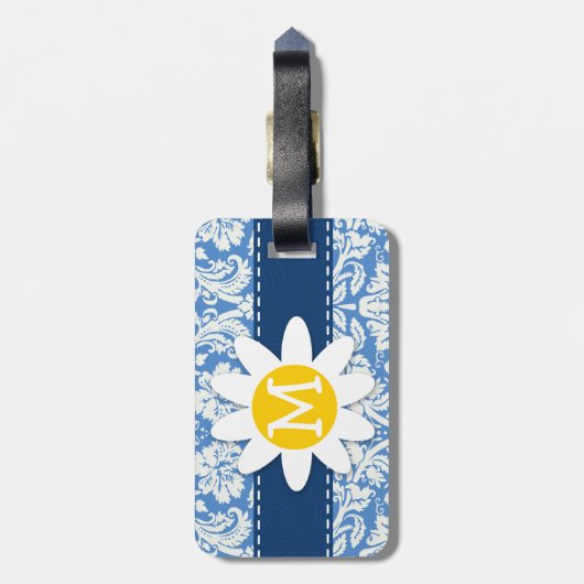 Étiquette À Bagage Damas bleu ; marguerite (Dos Vertical)