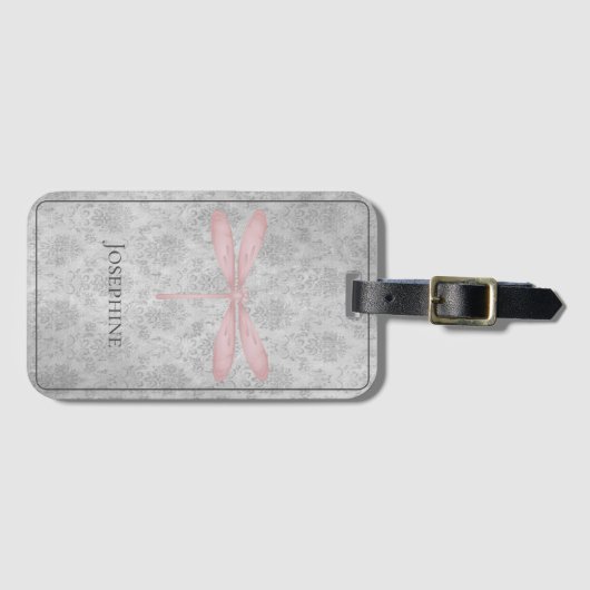 Étiquette À Bagage Damas de libellule rose (Devant Horizontal)