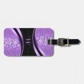 Étiquette À Bagage Damas florales géométriques violettes et noires (Devant horizontal)