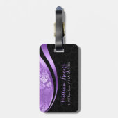 Étiquette À Bagage Damas florales géométriques violettes et noires (Dos Vertical)
