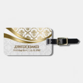 Étiquette À Bagage Damas Florales Monogrammes Or Et Blanches (Devant horizontal)