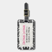 Étiquette À Bagage Damas florales noires et blanches Customisées (Devant Vertical)