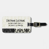 Étiquette À Bagage Damas florales noires et blanches Customisées (Devant horizontal)