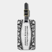 Étiquette À Bagage Damas florales noires et blanches Monogrammes (Devant Vertical)