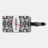 Étiquette À Bagage Damas florales noires et blanches Monogrammes (Dos horizontal)