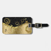 Étiquette À Bagage Damas Noir Et Damas Or Et Balayage (Devant horizontal)