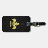 Étiquette À Bagage Damas noir/or Fleur de Lis (Devant horizontal)