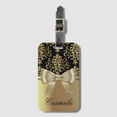 Étiquette À Bagage Damas Or Et Noir Avec Cravate Bow Et Nom Personnal (Devant Vertical)