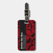 Étiquette À Bagage Damas rouge riche avec Monogramme noir (Devant Vertical)