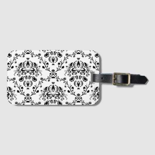 Étiquette À Bagage Damask blanc et noir (Devant Horizontal)