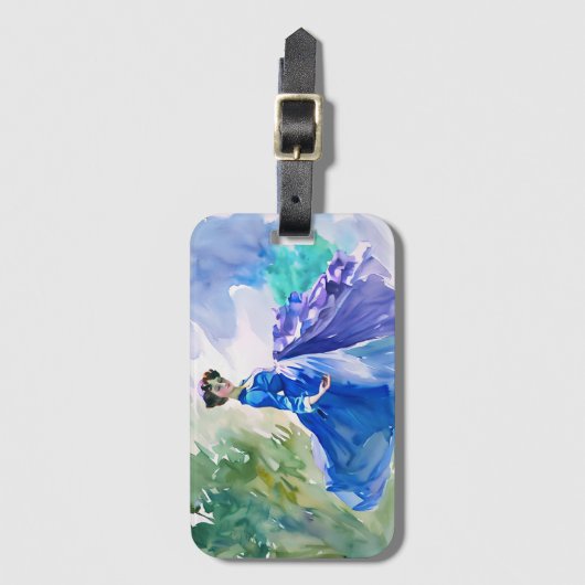 Étiquette À Bagage Dame en Robe Bleue - Peinture aquarelle (Devant Vertical)