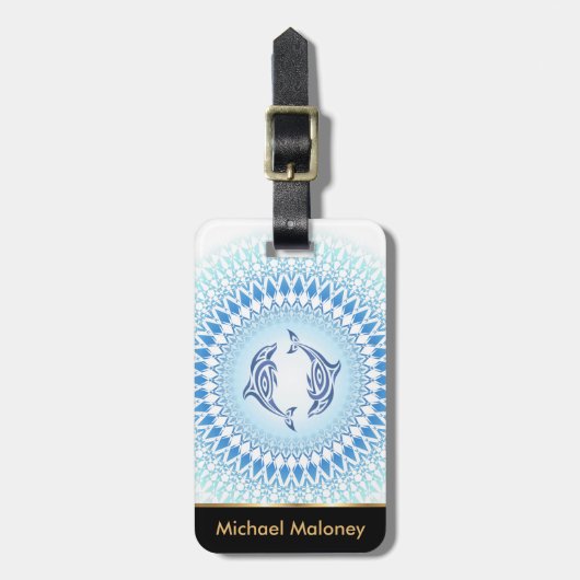 Étiquette À Bagage Dauphins de Mandala bleu blanc (Devant Vertical)