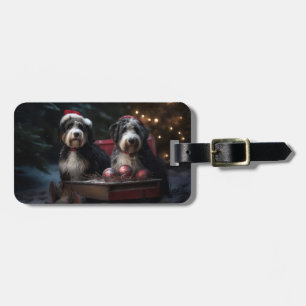 Étiquette À Bagage Décor de Noël Bernedoodle Snowy Sleigh