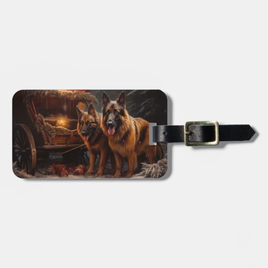 Étiquette À Bagage Décor de Noël du berger belge Snowy Sleigh (Devant horizontal)