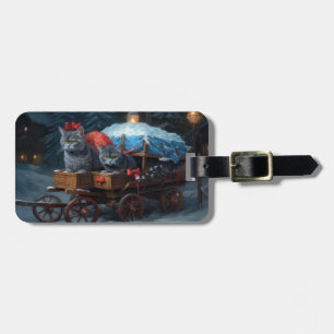 Étiquette À Bagage Décor de Noël Oriental Blue Cat Snowy Sleigh
