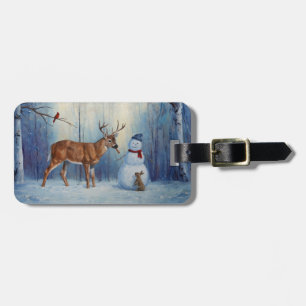 Étiquette À Bagage Deer et Happy Snowman hiver de vacances scène