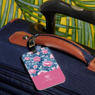 Étiquette À Bagage delft bleu & rose élégant vintage Floral