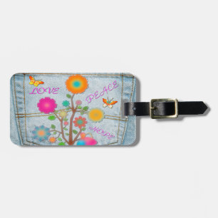 Étiquette À Bagage Denim Back Fleurs de poche Paix Aimer Espoir