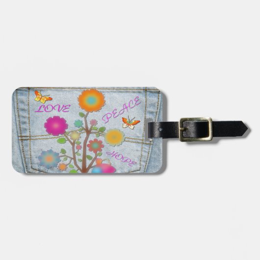 Étiquette À Bagage Denim Back Fleurs de poche Paix Aimer Espoir (Devant horizontal)
