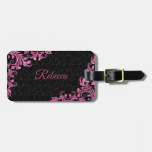 Étiquette À Bagage Dentelle en métal rose Damas noirs