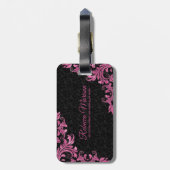Étiquette À Bagage Dentelle en métal rose Damas noirs (Dos Vertical)