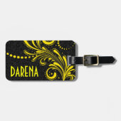 Étiquette À Bagage Dentelle florale jaune Damas noirs (Devant horizontal)