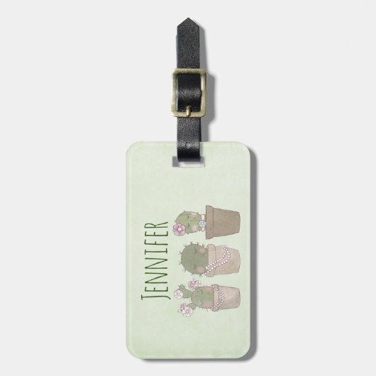 Étiquette À Bagage Design d'aquarelle Cactus Trio souriant (Devant Vertical)