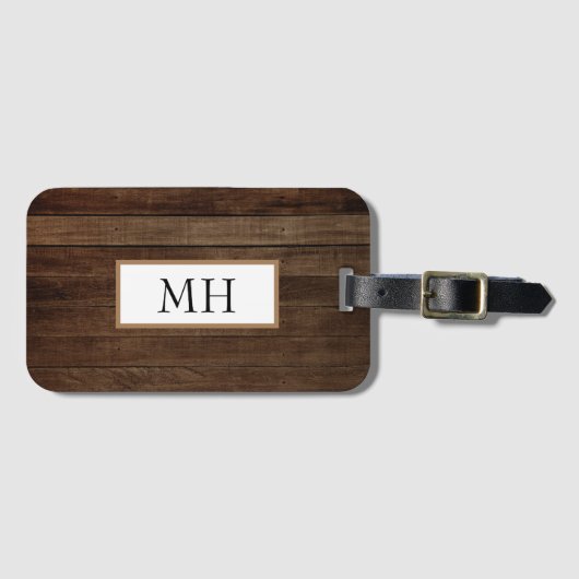 Étiquette À Bagage Design en bois Brown foncé | Monogramme (Devant Horizontal)
