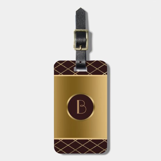 Étiquette À Bagage Design Géométrique Brown Et Métallique En Or (Devant Vertical)