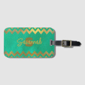 Étiquette À Bagage Design Moderne Chic Vert Et Or Chevron (Devant Horizontal)