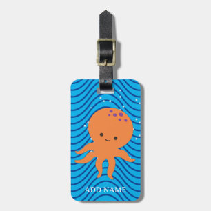 Étiquette À Bagage Dessin animé de pieuvre mignonne motif vagues bleu