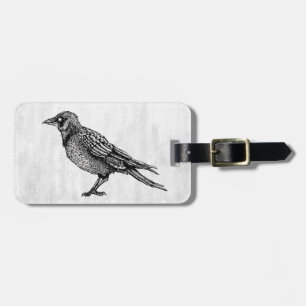 Étiquette À Bagage Dessin d'encre d'oiseau noir et blanc corbeau