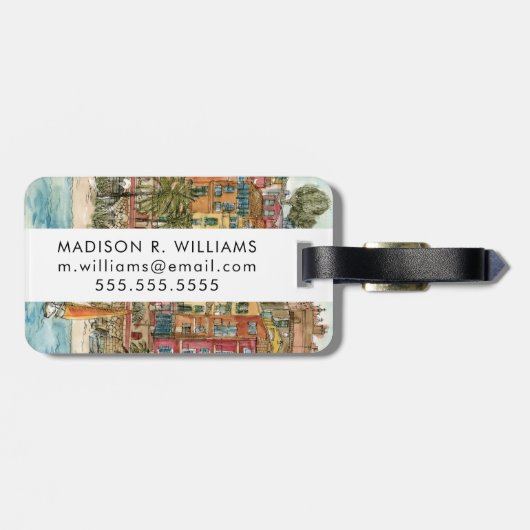 Étiquette À Bagage Destinations | Watercolor Beach & Bâtiments (Dos horizontal)