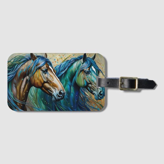 Étiquette À Bagage Deux chevaux Turquoise bleu vert brun (Devant Horizontal)