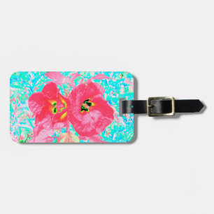 Étiquette À Bagage Deux Hibiscus Crazy Corail Rouge Rosé sur Aqua