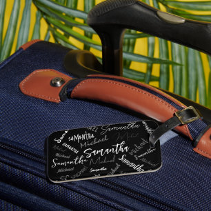 Étiquette À Bagage Deux noms couple motif monogramme noir gris blanc