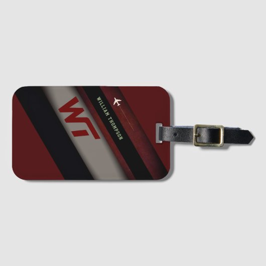 Étiquette À Bagage Diagonal Stripes cool Monogramme rouge foncé (Devant Horizontal)