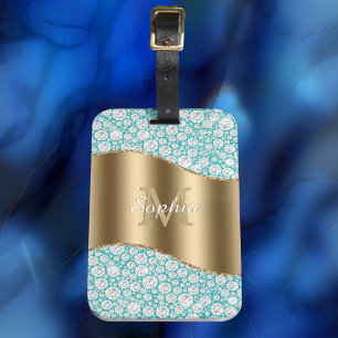 Étiquette À Bagage Diamants de Glam sur Turquoise, Monogramme Or, Nom