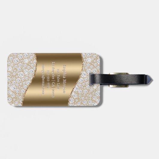 Étiquette À Bagage Diamants, Grand Monogramme Or, Nom De Script Blanc (Dos horizontal)