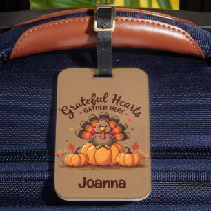 Étiquette À Bagage Dinde de Thanksgiving à Cœurs Reconnaissants