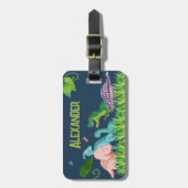 Étiquette À Bagage Dinosaure bleu aquarelle avec nom enfant (Devant Vertical)